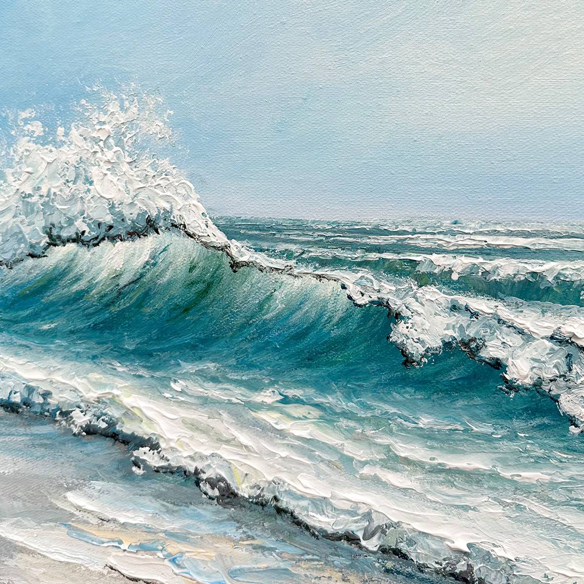 Ocean's Embrace hand-painted ocean blue, ivory and soft neutral tones textured ocean wave painting shown with silver frame