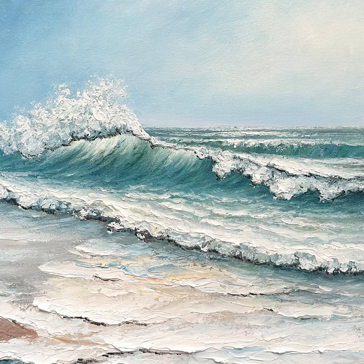 Ocean's Embrace hand-painted ocean blue, ivory and soft neutral tones textured ocean wave painting shown with black frame