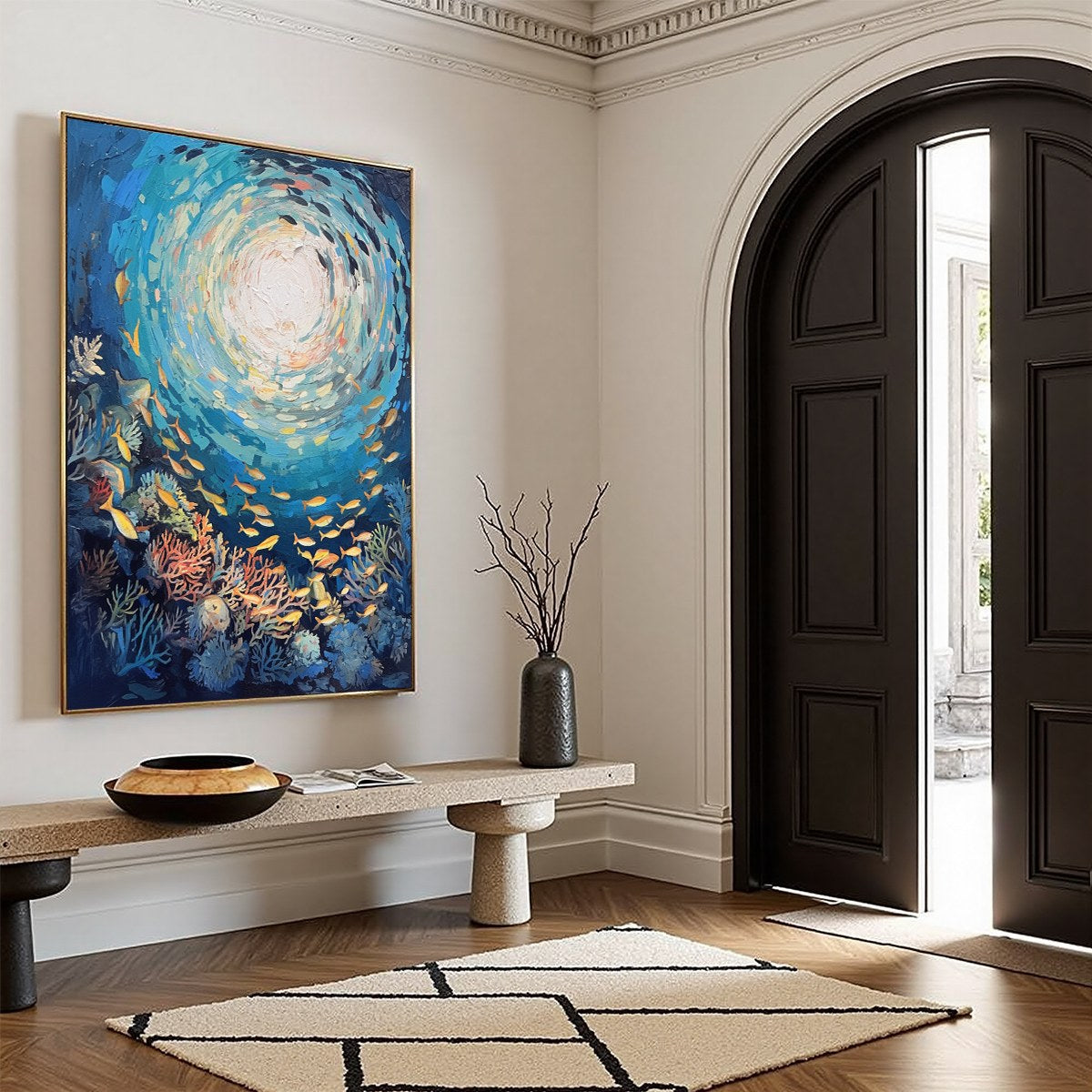 Ocean’s Grace hand-painted gold and coral textured school of fish painting shown as stretched canvas