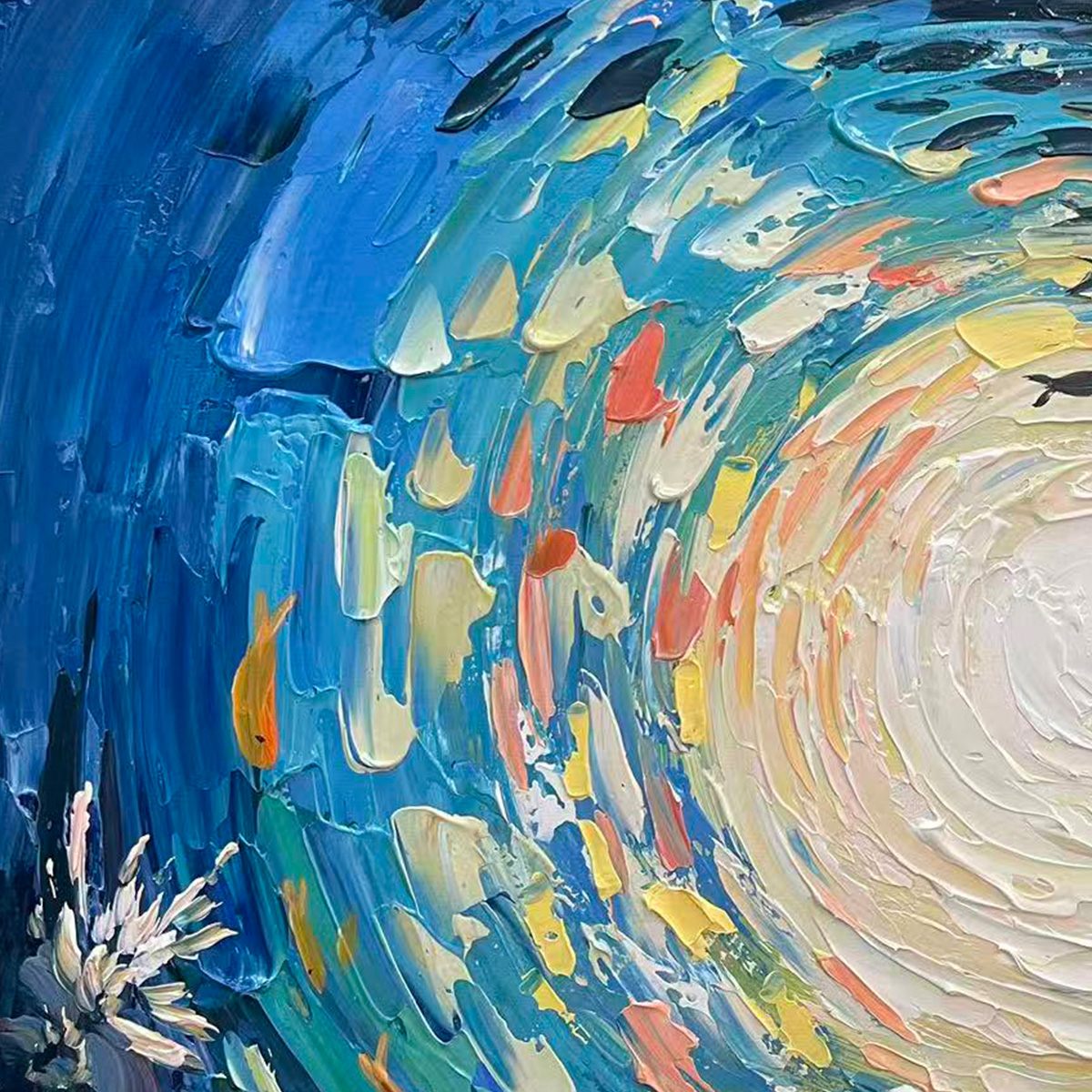 Ocean’s Grace hand-painted gold and coral textured school of fish painting shown with wood frame
