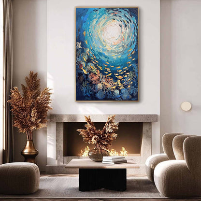 Ocean’s Grace hand-painted gold and coral textured school of fish painting rolled canvas option