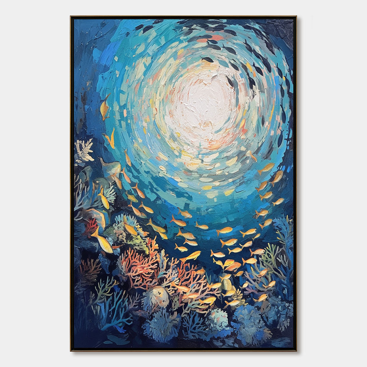 Ocean’s Grace hand-painted gold and coral textured school of fish painting rolled canvas option