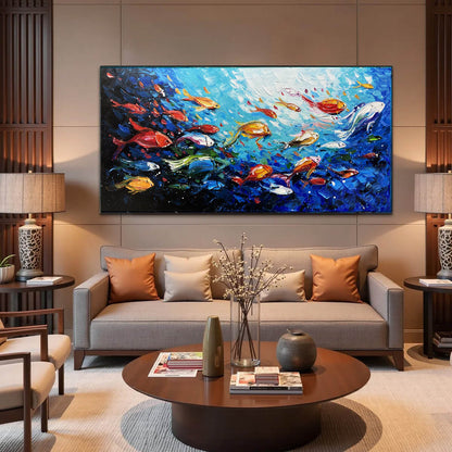Ocean's Jewels hand-painted ocean blue, ivory and soft neutral tones textured school of fish painting shown with black frame