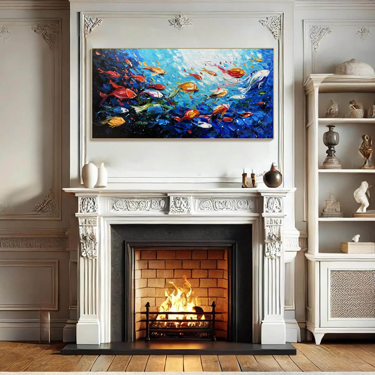 Ocean's Jewels hand-painted ocean blue, ivory and soft neutral tones textured school of fish painting rolled canvas option