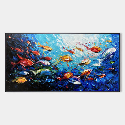 Ocean's Jewels hand-painted ocean blue, ivory and soft neutral tones textured school of fish painting rolled canvas option