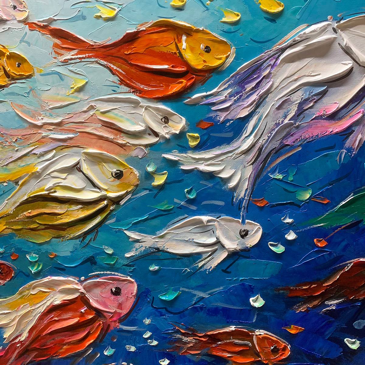 Ocean's Jewels hand-painted ocean blue, ivory and soft neutral tones textured school of fish painting shown with wood frame