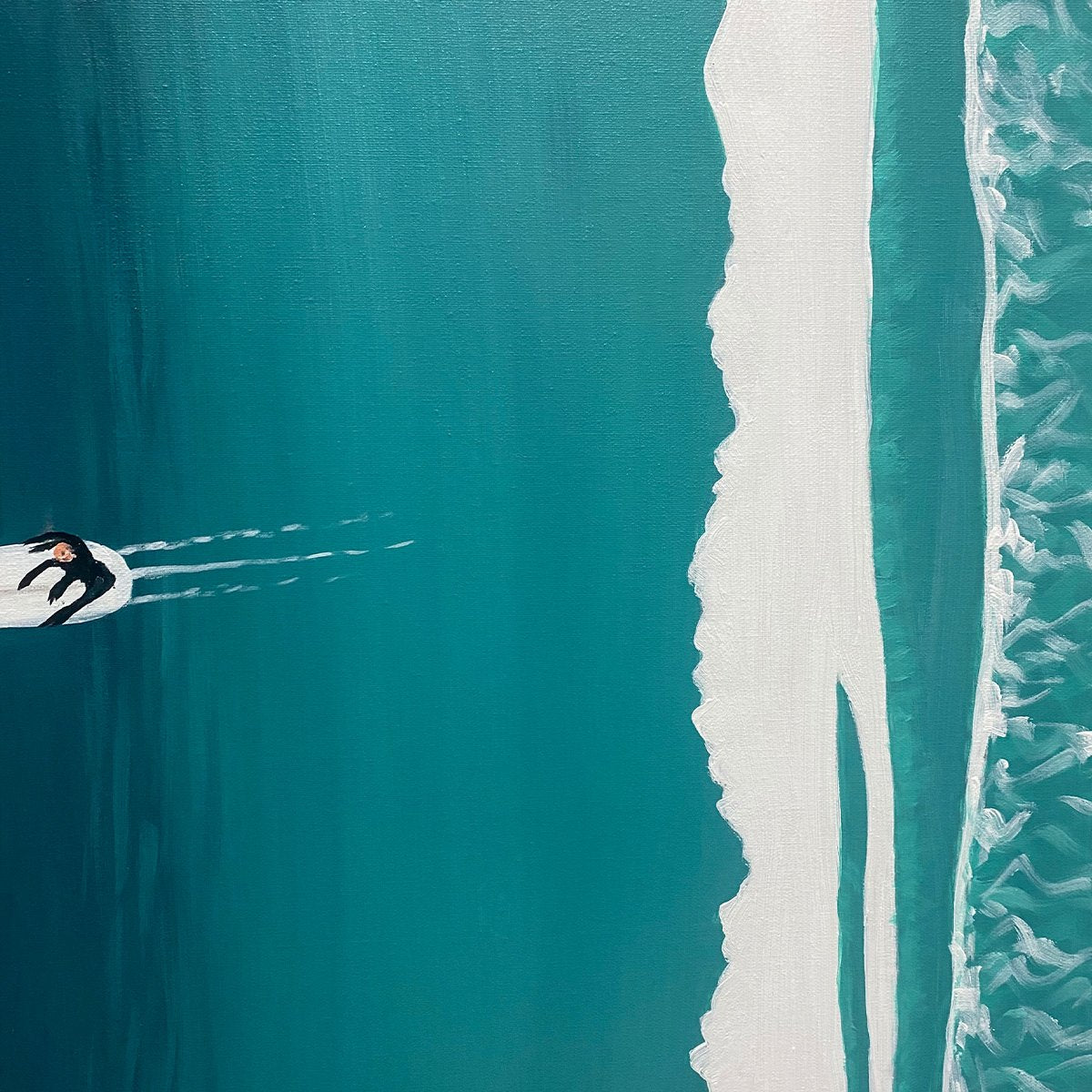 Ocean's Three hand-painted white and teal textured surfer ocean painting shown with silver frame