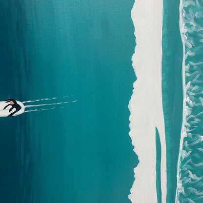Ocean's Three hand-painted white and teal textured surfer ocean painting shown with silver frame