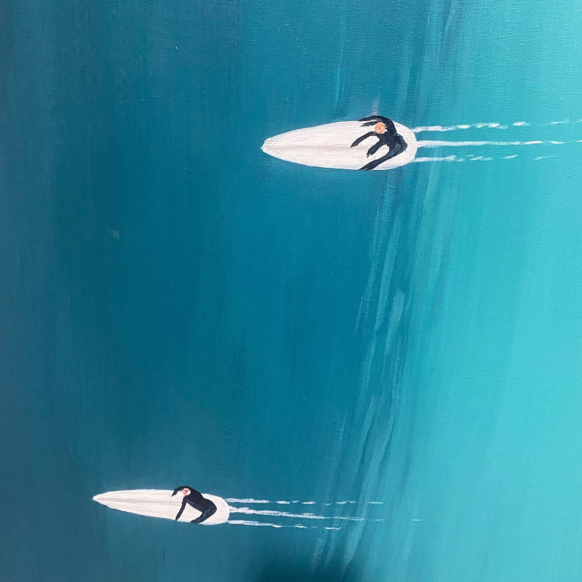 Ocean's Three hand-painted white and teal textured surfer ocean painting shown with wood frame