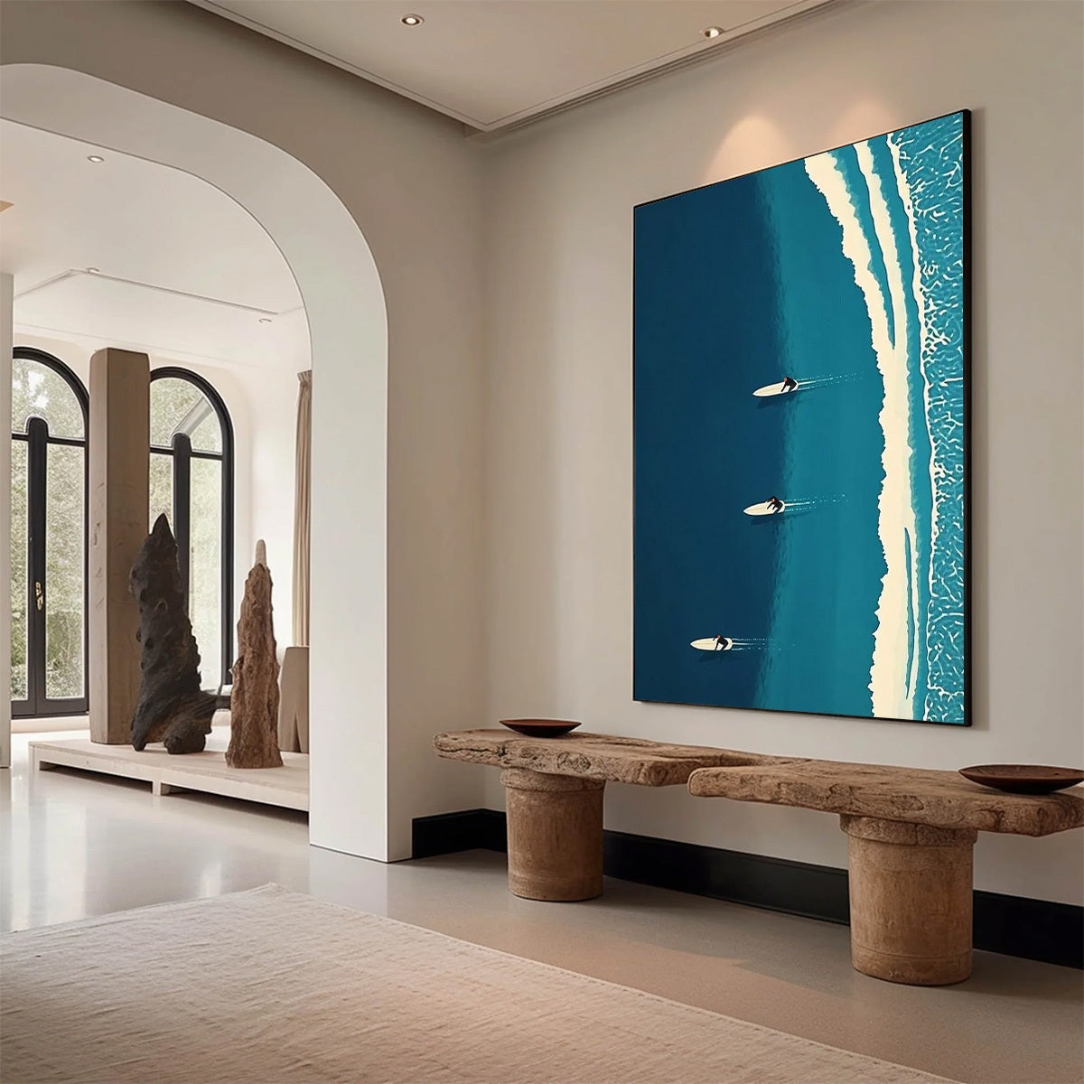 Ocean's Three hand-painted white and teal textured surfer ocean painting shown with black frame