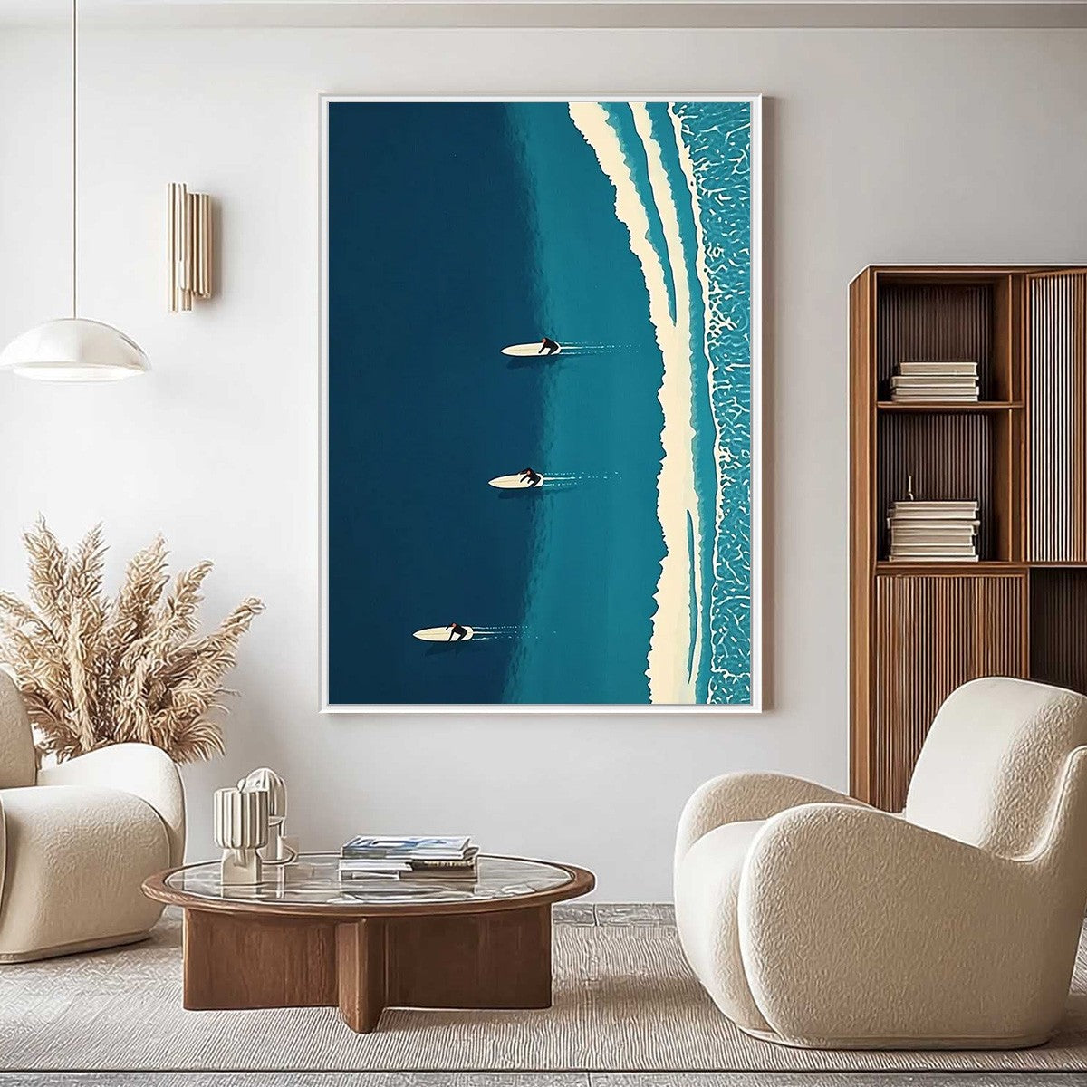 Ocean's Three hand-painted white and teal textured surfer ocean painting rolled canvas option