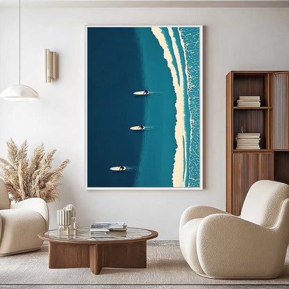 Ocean's Three hand-painted white and teal textured surfer ocean painting rolled canvas option