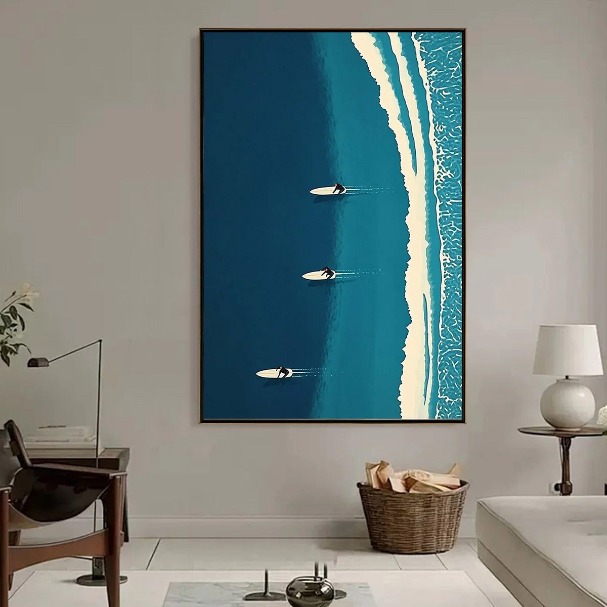 Ocean's Three hand-painted white and teal textured surfer ocean painting shown as stretched canvas