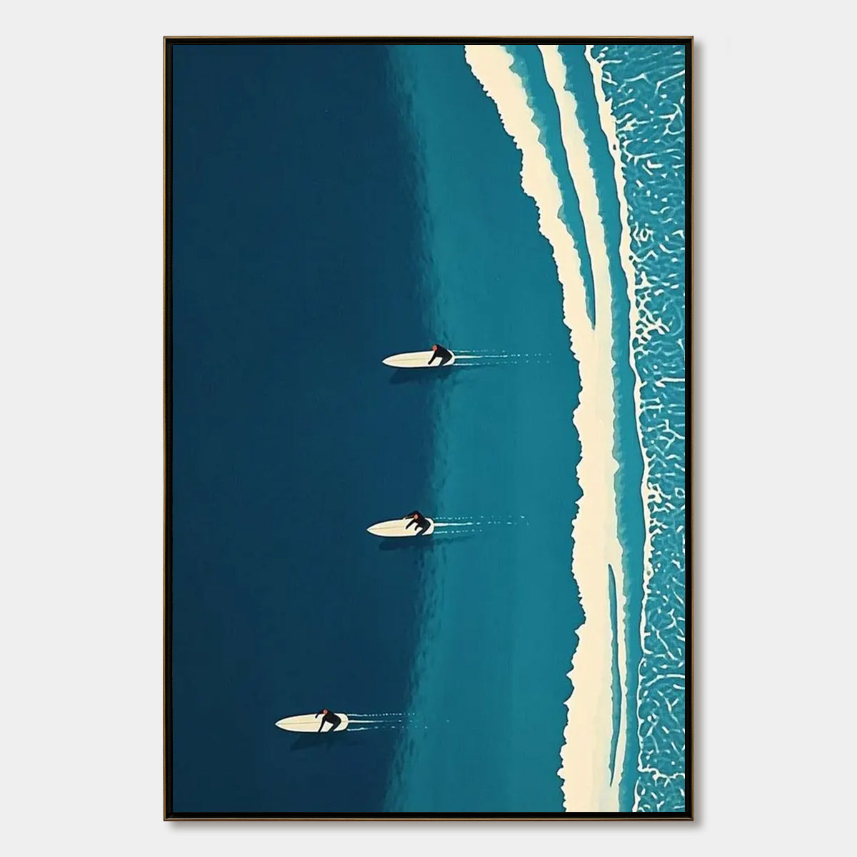 Ocean's Three hand-painted white and teal textured surfer ocean painting rolled canvas option