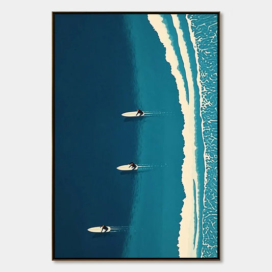 Ocean's Three hand-painted white and teal textured surfer ocean painting rolled canvas option