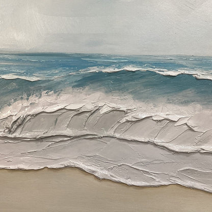 Ocean Waves hand-painted ocean blue, ivory and soft neutral tones textured seascape painting shown with black frame