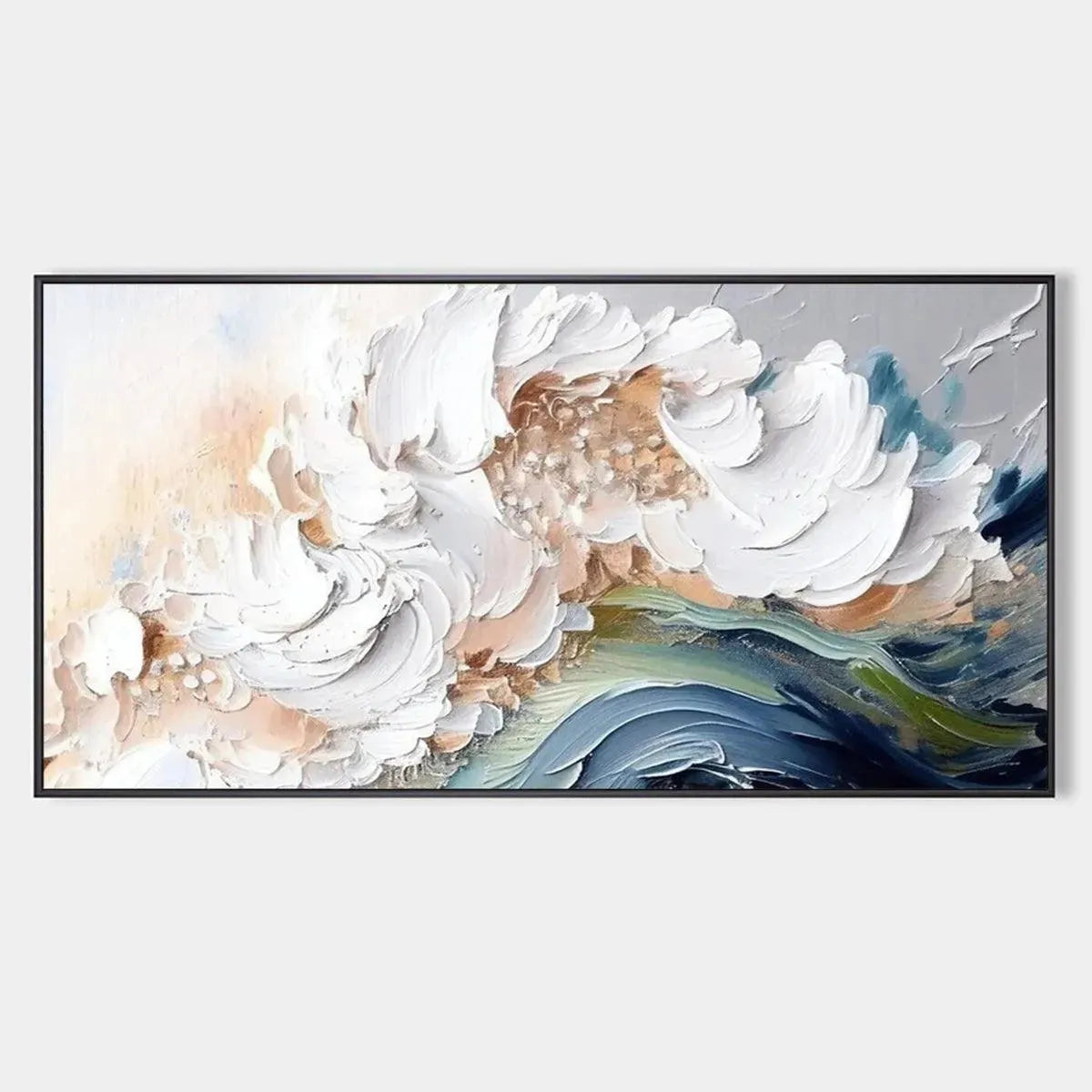 Ocean Whispers hand-painted cream, white and ocean blue textured ocean wave painting rolled canvas option