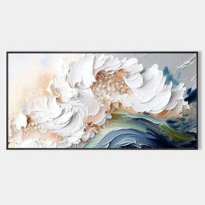 Ocean Whispers hand-painted cream, white and ocean blue textured ocean wave painting rolled canvas option