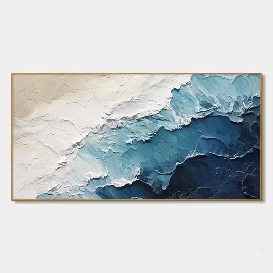 Ocean Whispers hand-painted white and ocean blue textured seascape painting rolled canvas option