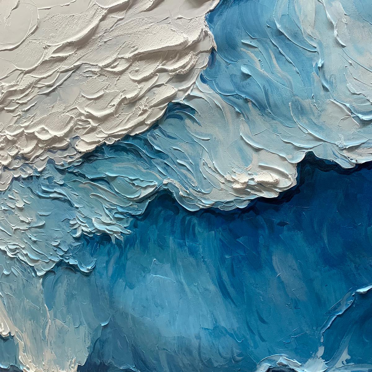Ocean Whispers hand-painted white and ocean blue textured seascape painting shown with silver frame