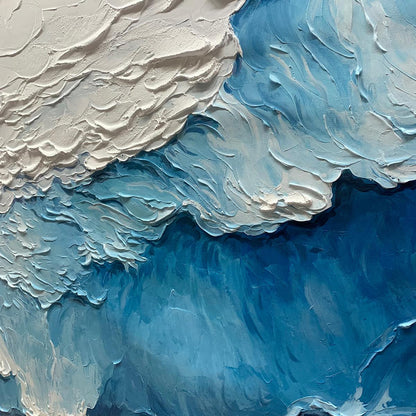 Ocean Whispers hand-painted white and ocean blue textured seascape painting shown with silver frame