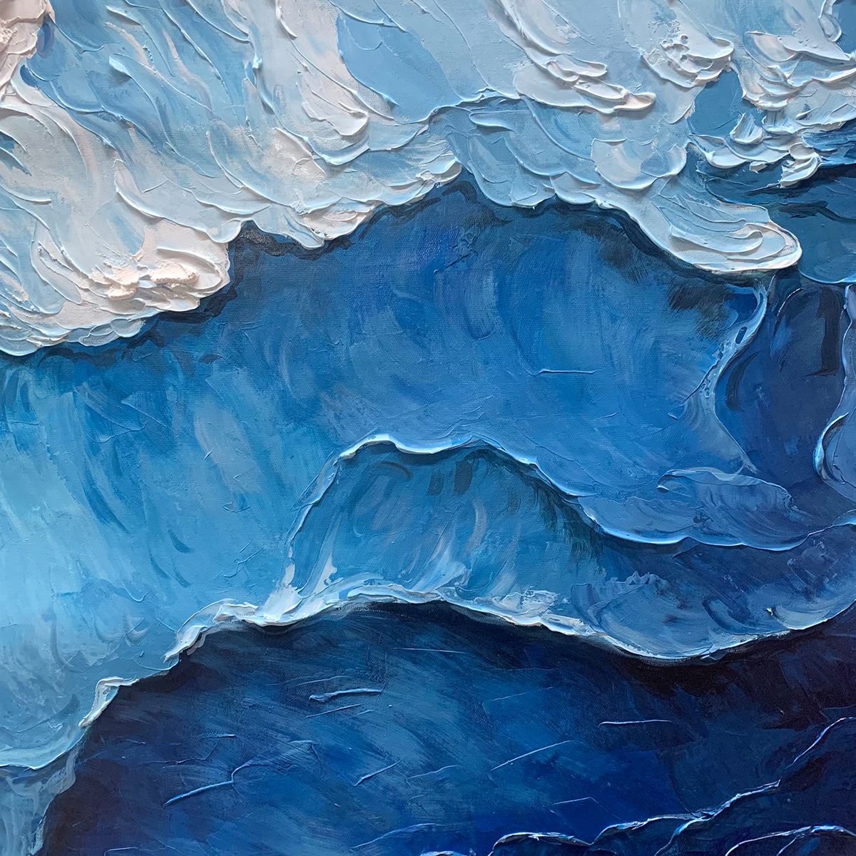 Ocean Whispers hand-painted white and ocean blue textured seascape painting shown with wood frame