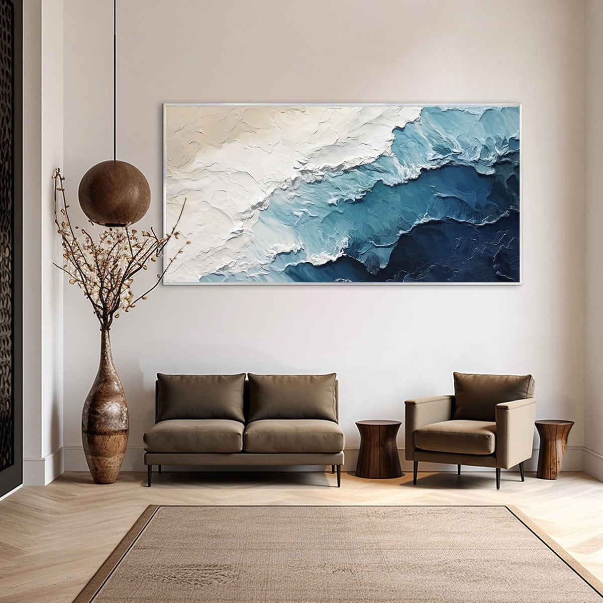 Ocean Whispers hand-painted white and ocean blue textured seascape painting rolled canvas option