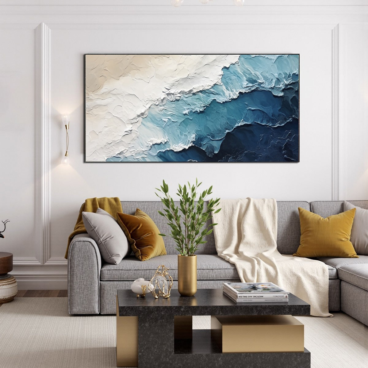 Ocean Whispers hand-painted white and ocean blue textured seascape painting shown with white frame