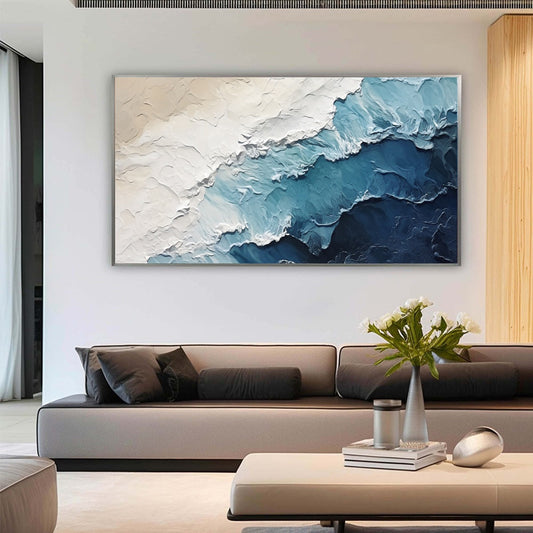 Ocean Whispers hand-painted white and ocean blue textured seascape painting shown as stretched canvas