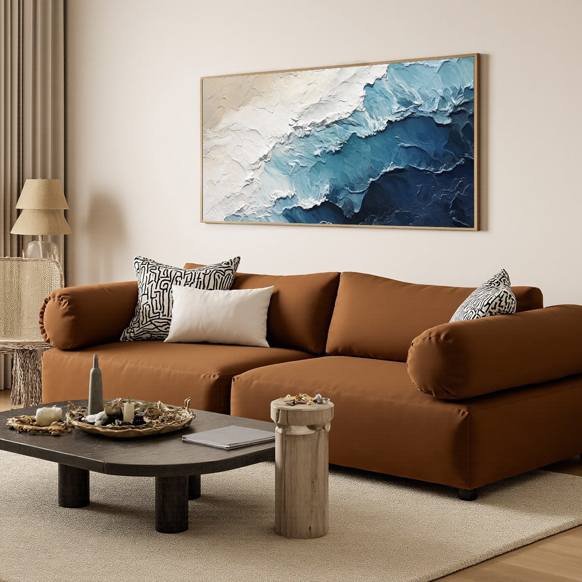 Ocean Whispers hand-painted white and ocean blue textured seascape painting shown with black frame