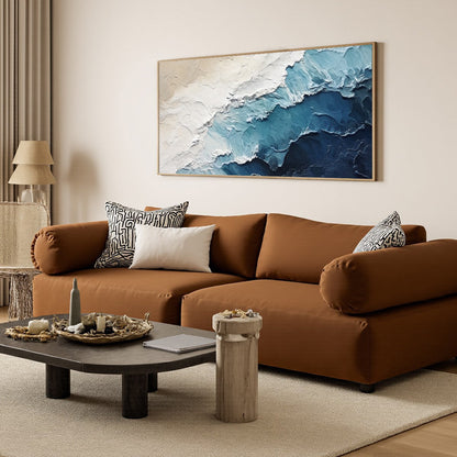 Ocean Whispers hand-painted white and ocean blue textured seascape painting shown with black frame