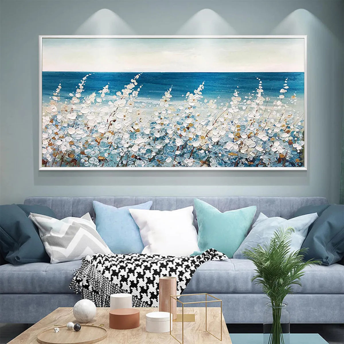 Ocean Breeze hand-painted white and ocean blue textured coastal landscape painting shown with white frame