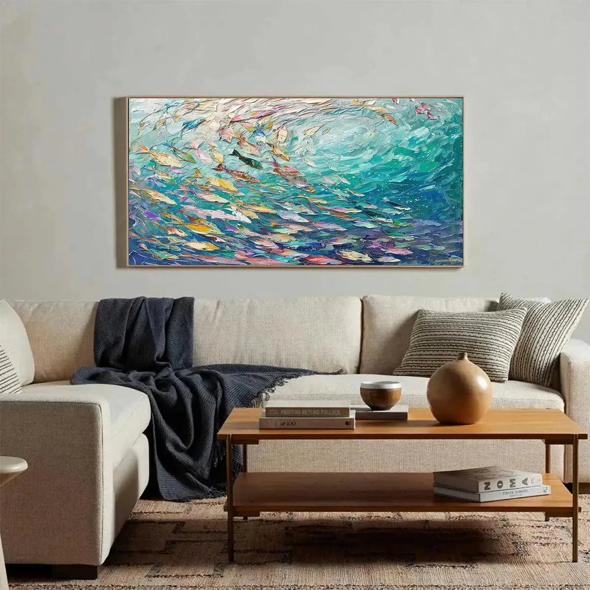 Ocean Currents hand-painted ocean blue, ivory and soft neutral tones textured coastal abstract painting shown with silver frame