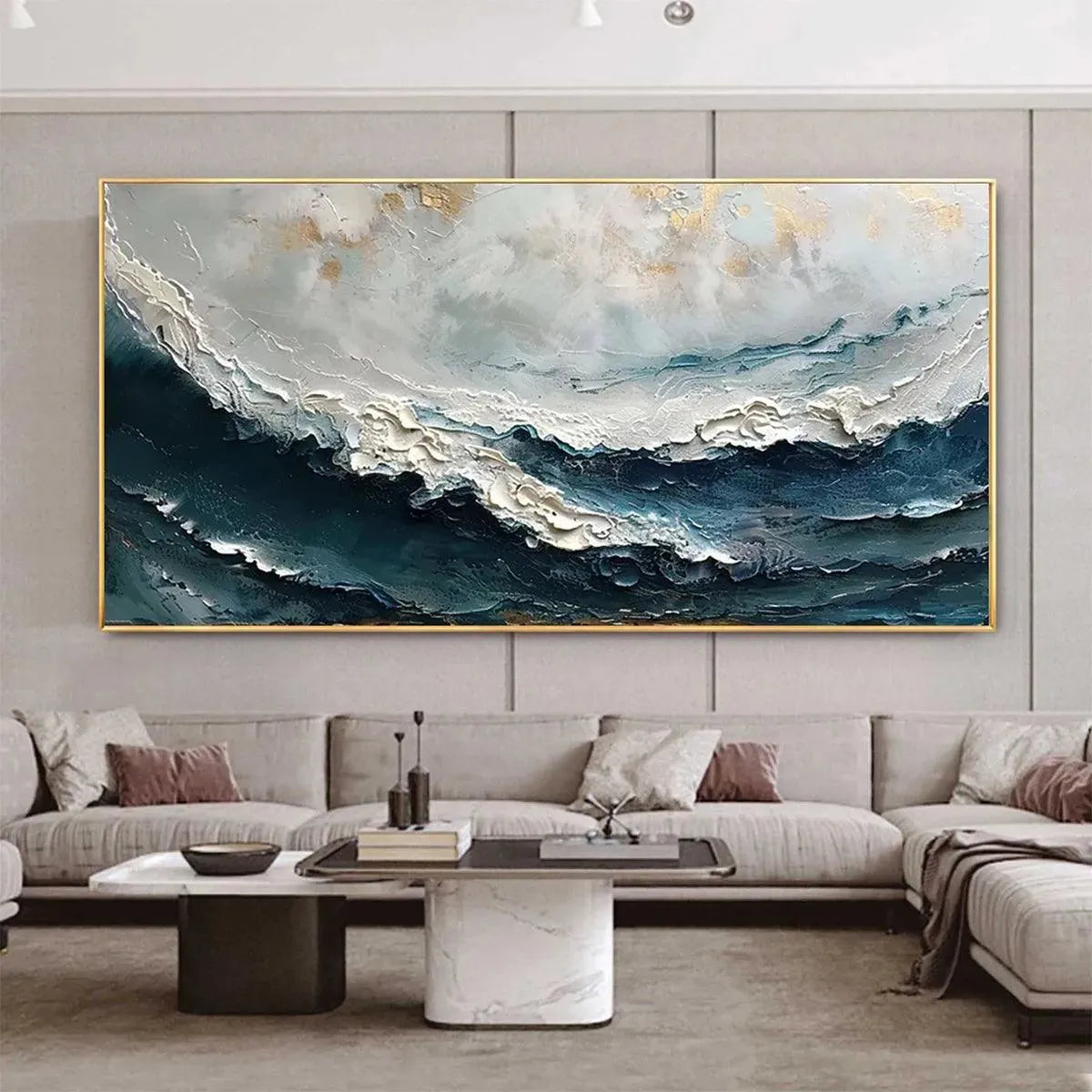 Ocean Dream hand-painted white, ocean blue and gold textured coastal abstract painting shown as stretched canvas