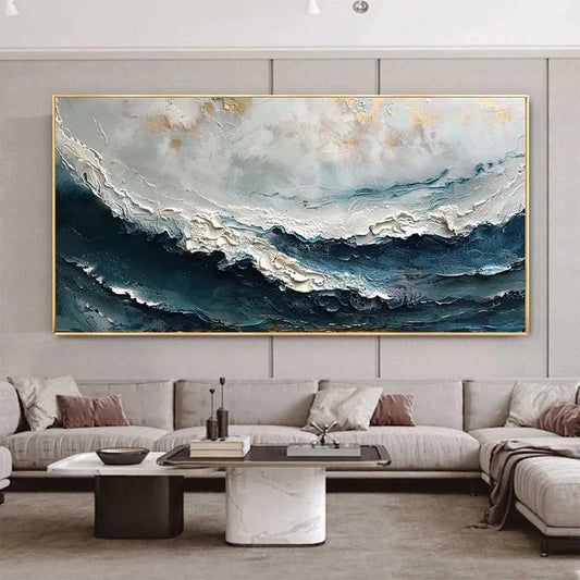 Ocean Dream hand-painted white, ocean blue and gold textured coastal abstract painting shown as stretched canvas