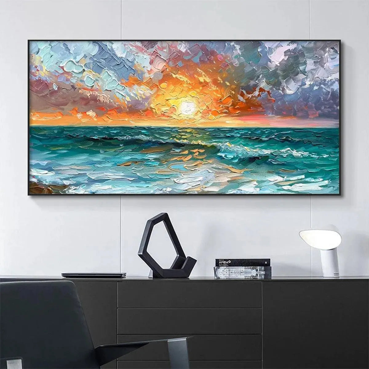 Ocean Sunset hand-painted ocean blue, ivory and soft neutral tones textured sunset seascape painting shown as stretched canvas