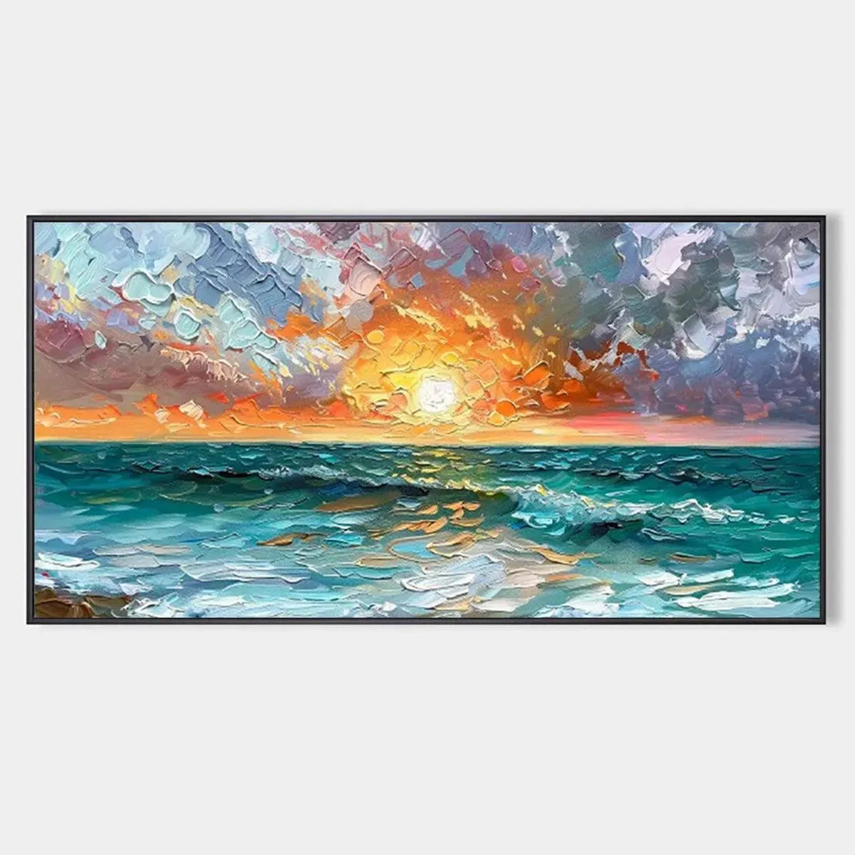 Ocean Sunset hand-painted ocean blue, ivory and soft neutral tones textured sunset seascape painting rolled canvas option