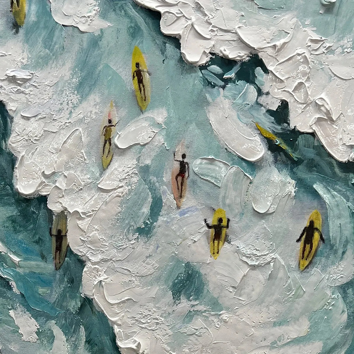 Catching The Wave hand-painted white and ocean blue textured surfer ocean painting shown with gold frame