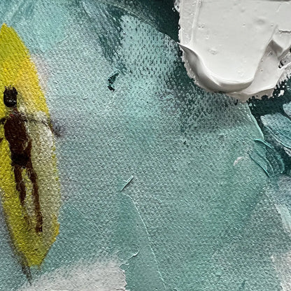 Catching The Wave hand-painted white and ocean blue textured surfer ocean painting shown with black frame