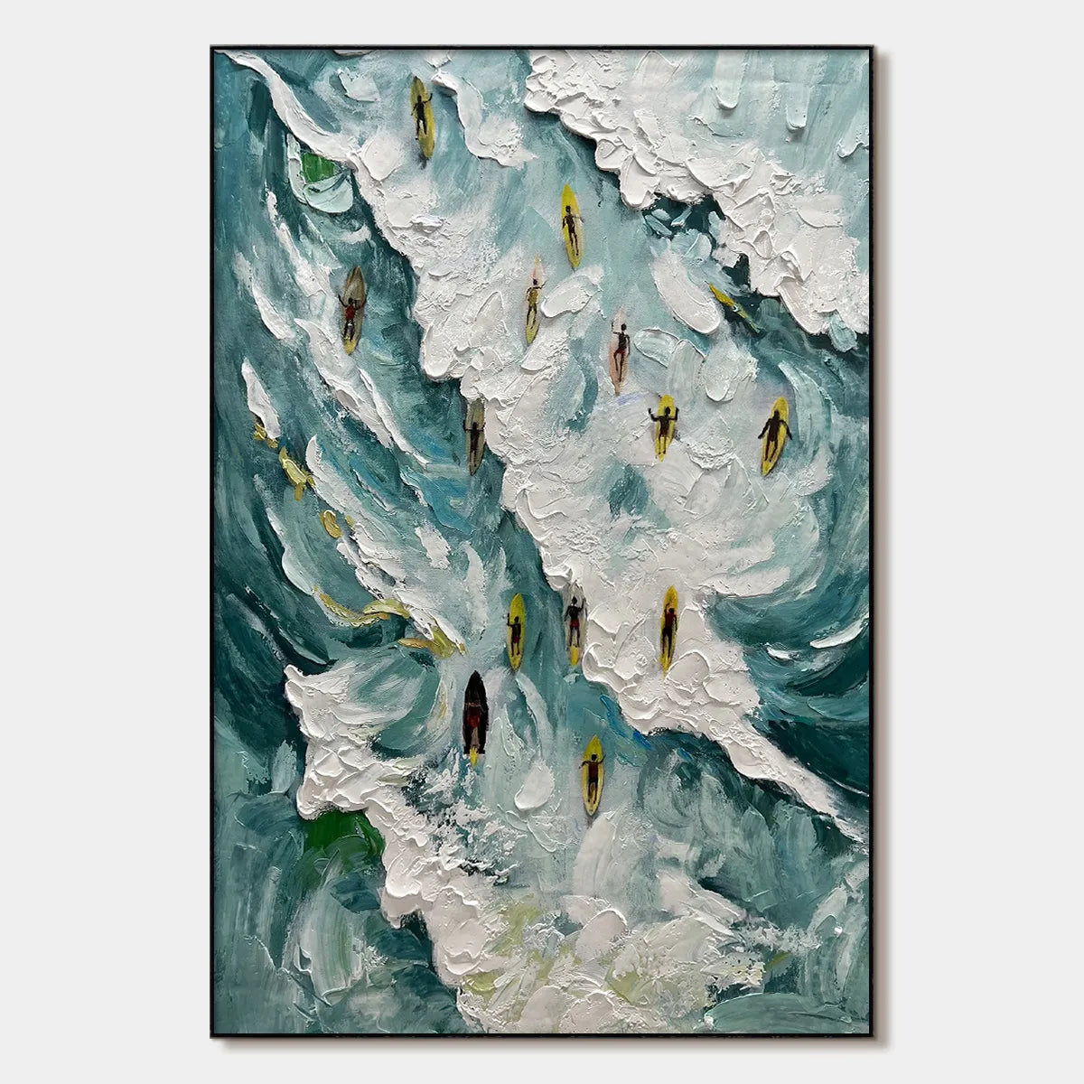 Catching The Wave hand-painted white and ocean blue textured surfer ocean painting rolled canvas option