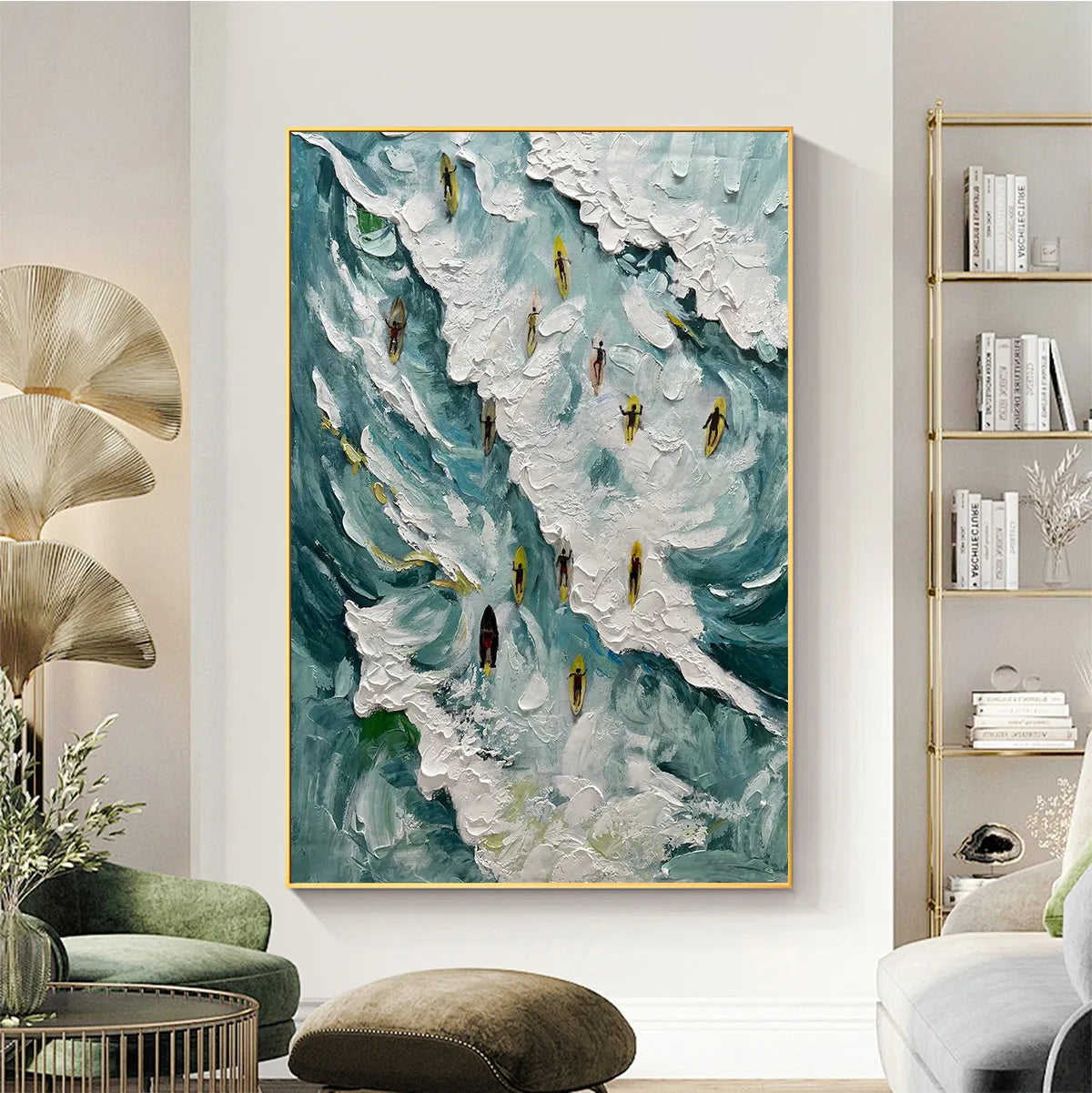 Catching The Wave hand-painted white and ocean blue textured surfer ocean painting shown as stretched canvas