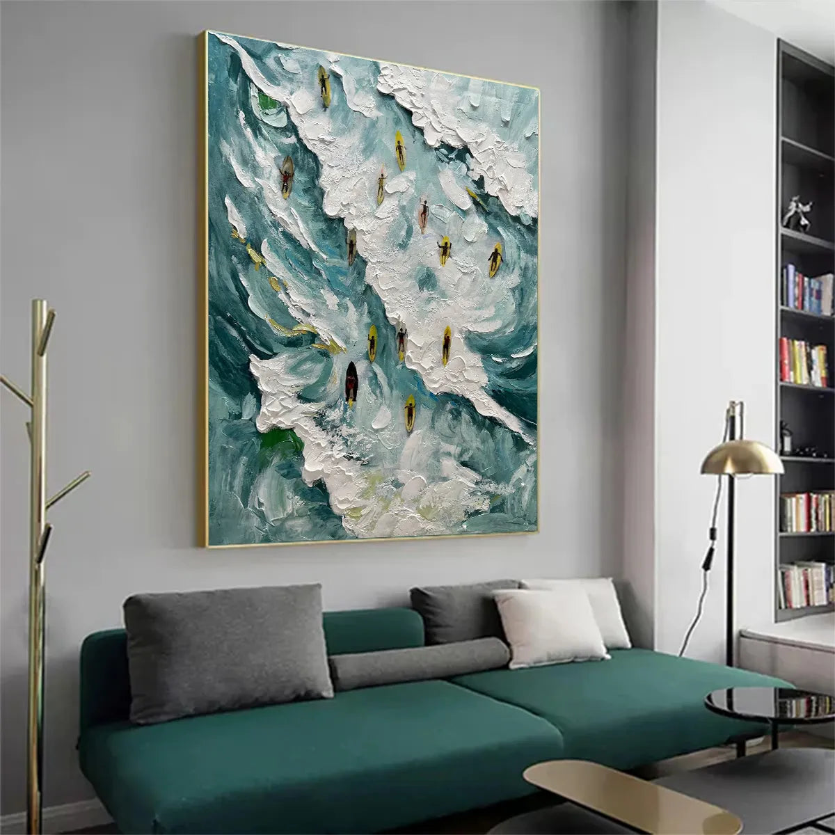 Catching The Wave hand-painted white and ocean blue textured surfer ocean painting shown with white frame