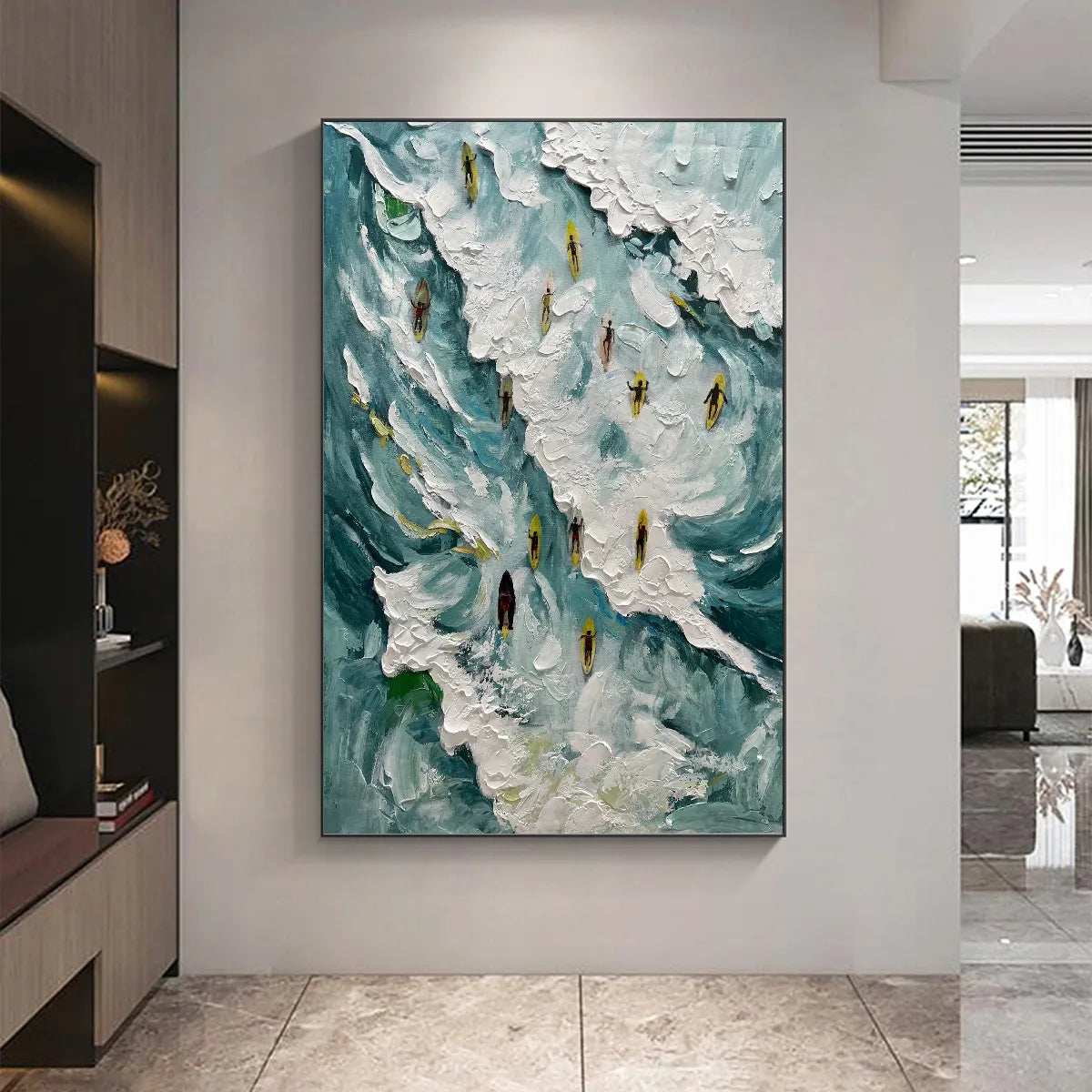 Catching The Wave hand-painted white and ocean blue textured surfer ocean painting shown with wood frame