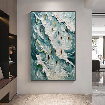 Catching The Wave hand-painted white and ocean blue textured surfer ocean painting shown with wood frame
