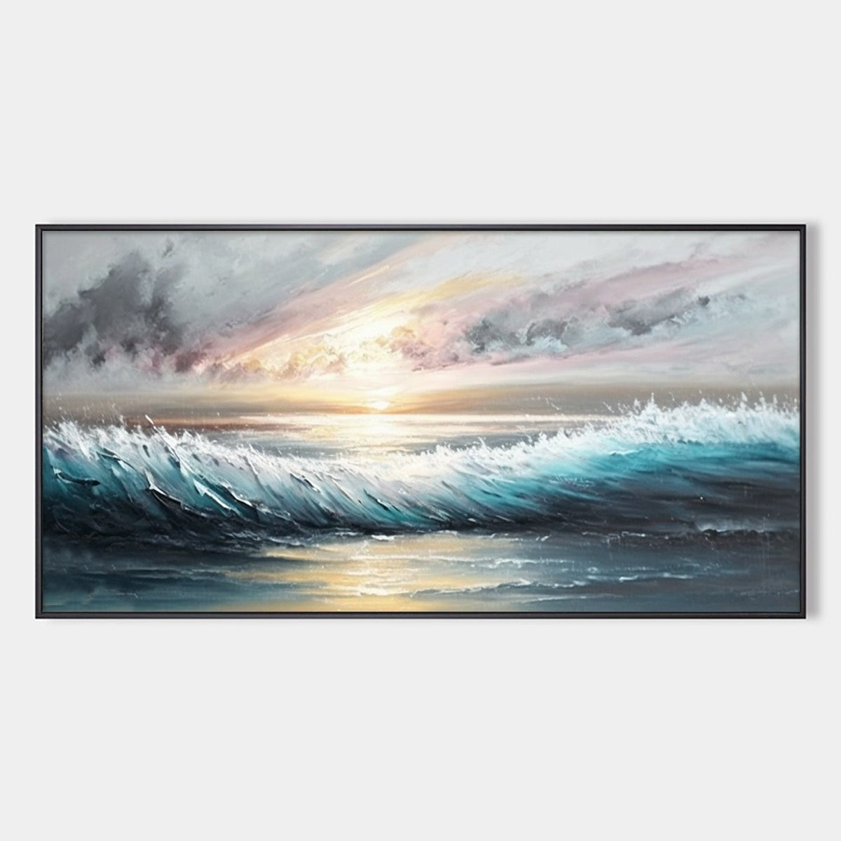 Dusk Tide hand-painted ocean blue, ivory and soft neutral tones textured sunset seascape painting rolled canvas option