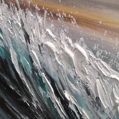 Dusk Tide hand-painted ocean blue, ivory and soft neutral tones textured sunset seascape painting shown with gold frame