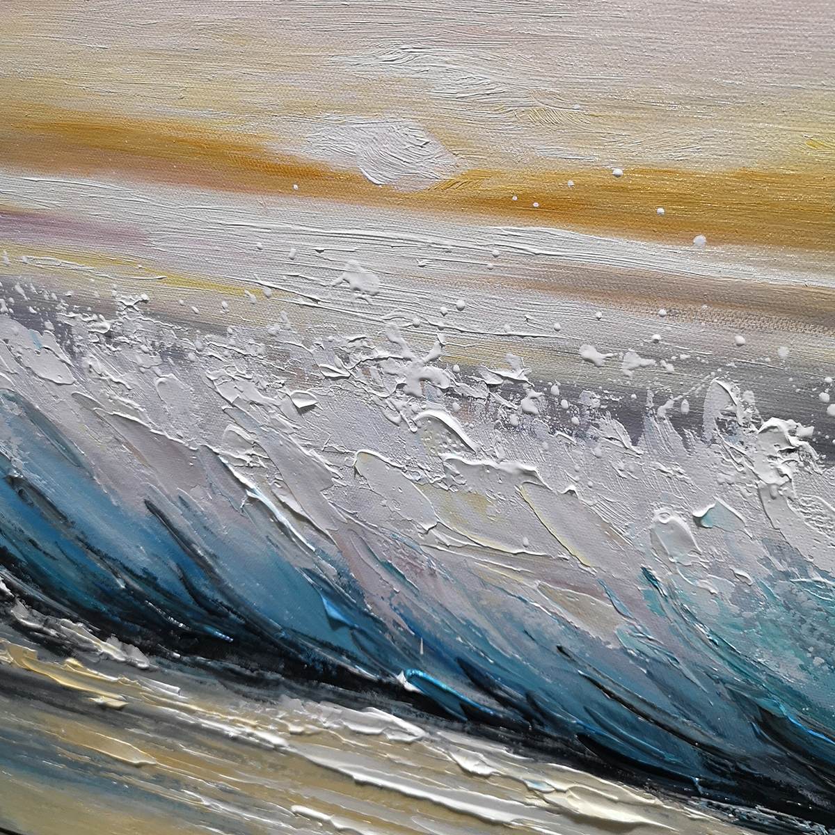 Dusk Tide hand-painted ocean blue, ivory and soft neutral tones textured sunset seascape painting shown with black frame
