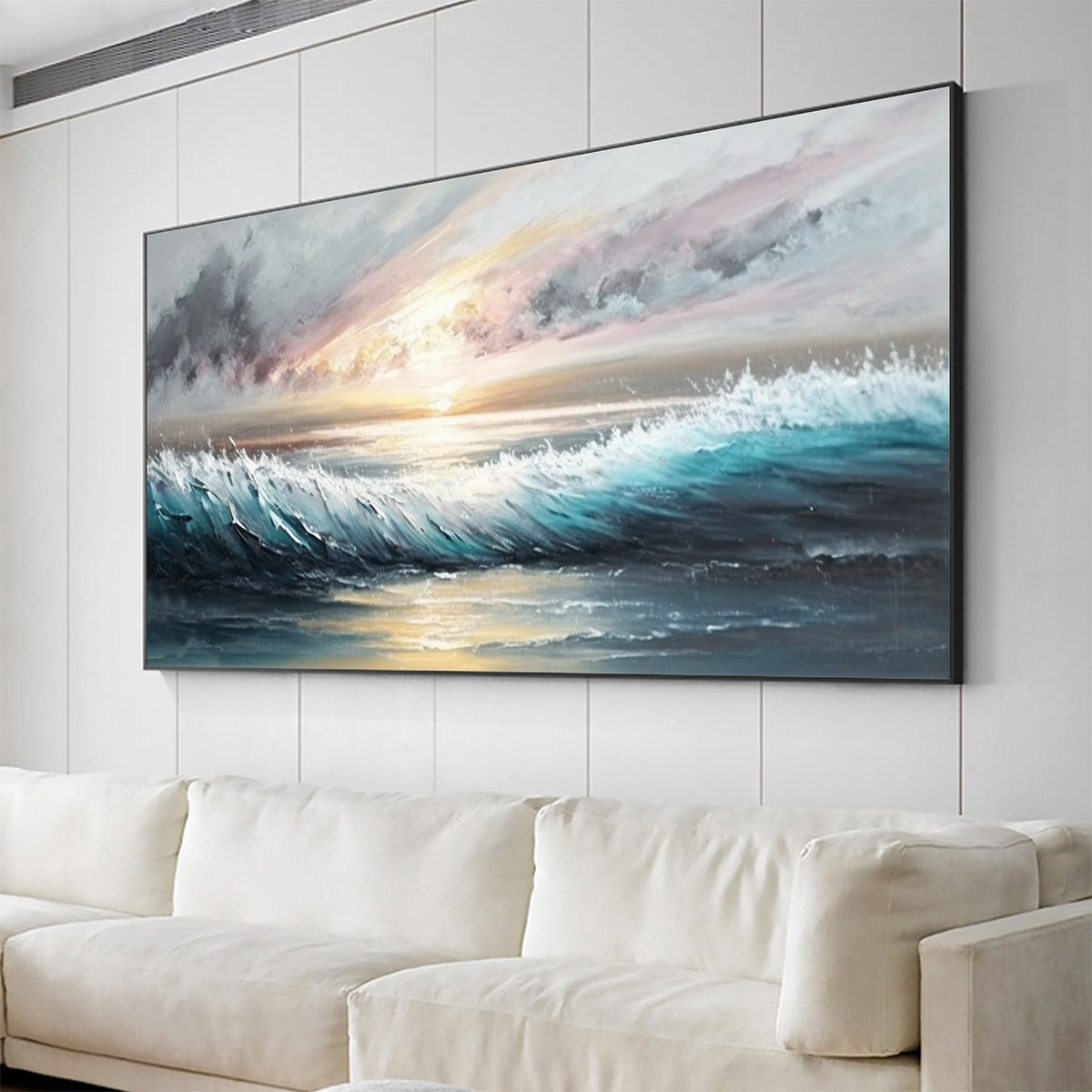 Dusk Tide hand-painted ocean blue, ivory and soft neutral tones textured sunset seascape painting shown with white frame