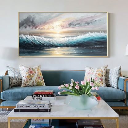 Dusk Tide hand-painted ocean blue, ivory and soft neutral tones textured sunset seascape painting shown with wood frame