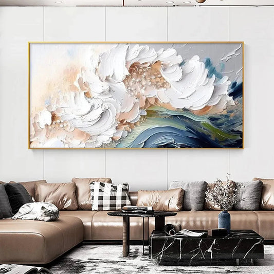 Ocean Whispers hand-painted cream, white and ocean blue textured ocean wave painting shown as stretched canvas